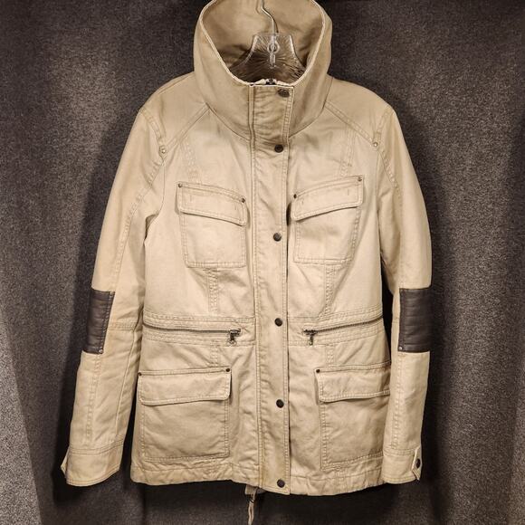 BNCI Jackets & Blazers - BNCI Tan Brown Canvas Utility Jacket Faux Leather Neutral Pockets Womens Large L